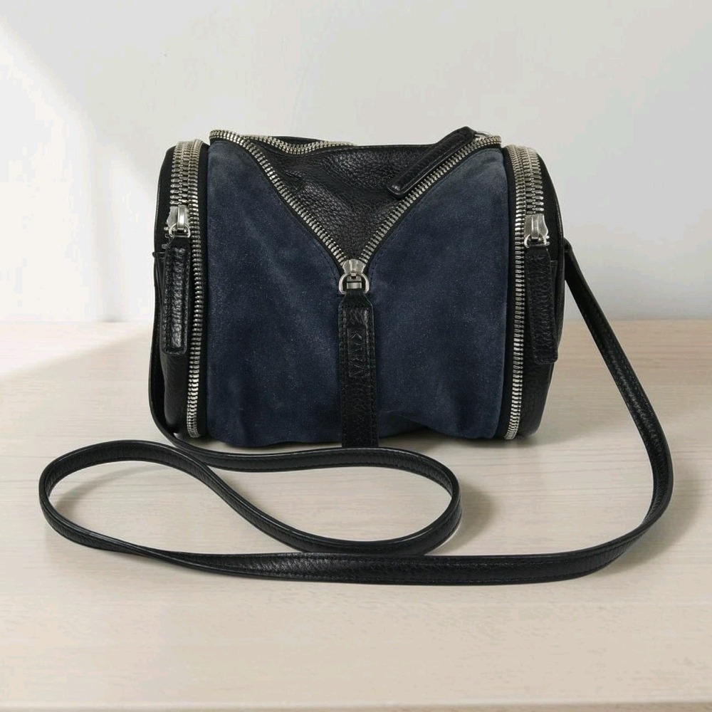 KARA‎ Double Date Pebbled Leather & Suede Crossbody Bag Black & Navy w Zippers